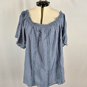 Bloomchic Blouse Women's 4X Embroidered Ruffle Round Neck Short Sleeve Blue NWT